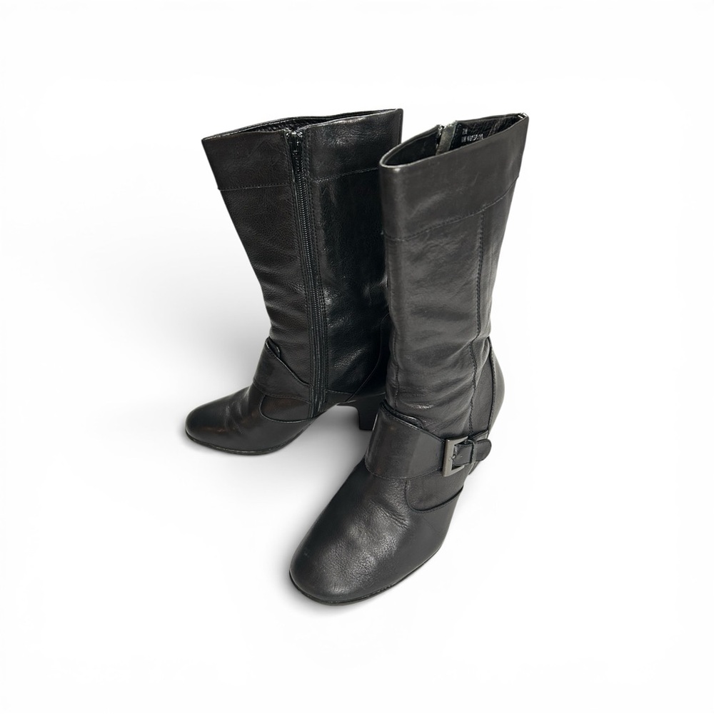 Born Crown Kale Bark heeled black leather mid calf boots Womens Sz 7